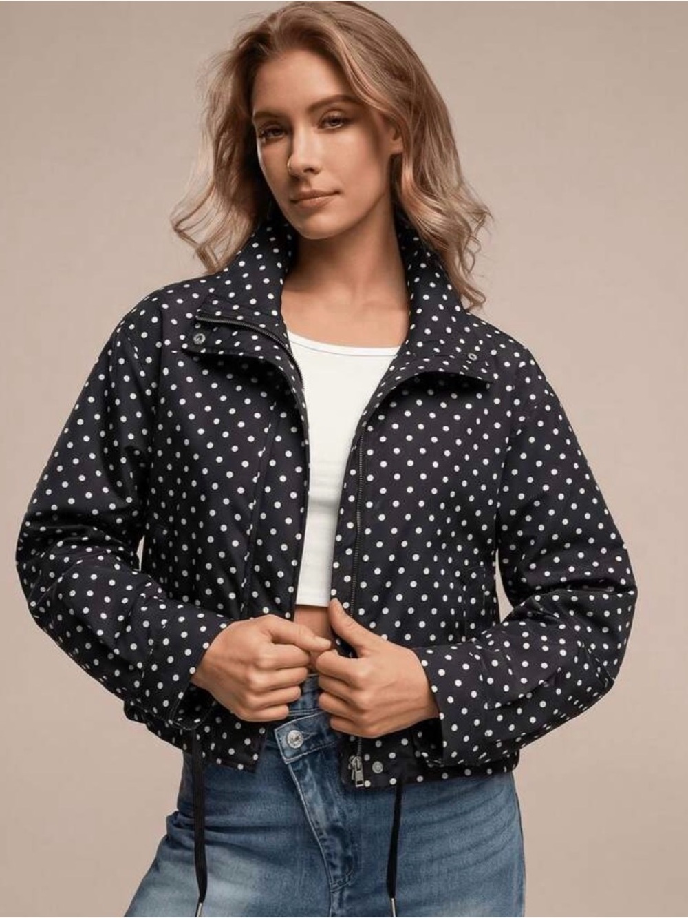 Women's Black Polka Dot Cropped Bomber Jacket